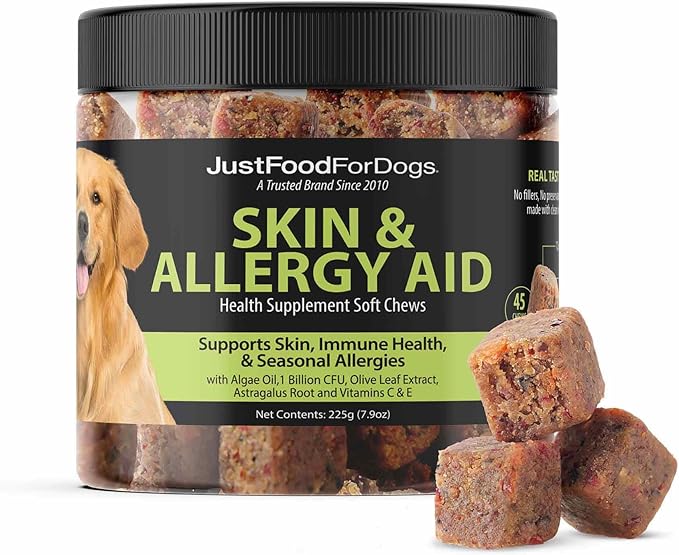 JustFoodForDogs Skin & Allergy Care Soft Chews Supplement for Dogs, Seasonal Allergies, Itchy Skin, Inflammation, Immune Support - 45 Count