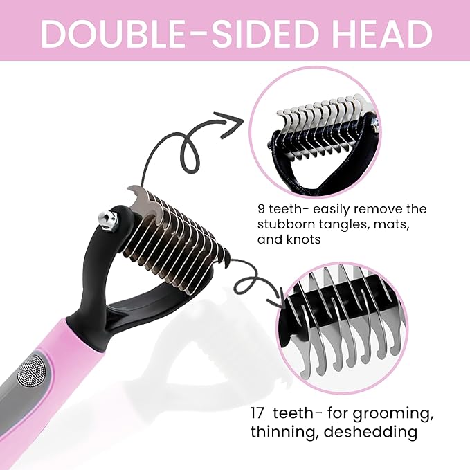 Pet Grooming Brush - Shedding Comb & Dematting Tool for Dogs & Cats, Extra Wide Undercoat Rake, Pink