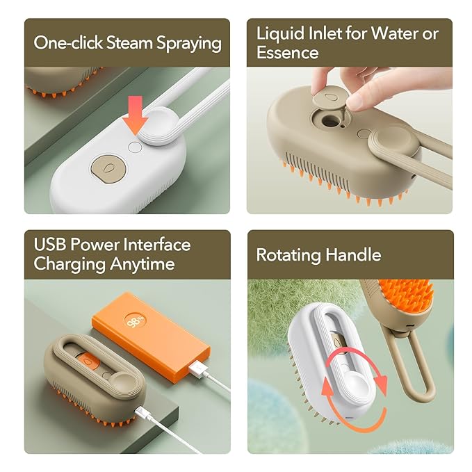 Improved 3-in-1 Steam Grooming Brush for Dogs & Cats: Hair Remover, Cleaning Brush and Massaging, Water Brush for Shedding, Sutiable for indoor Haired Cats, Dogs and Rabbits. (Khaqi)