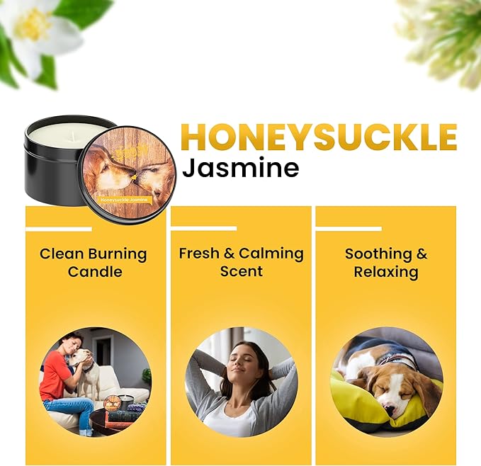 Scented Candle in Tin - Handcrafted Aromatherapy Candle for Pets - Pet-Friendly and No Harsh Chemicals Soy Candle - Burns up to 60 Hours - Honeysuckle Jasmine