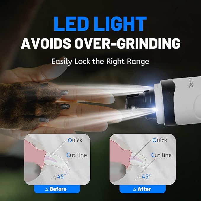 Roses&Poetry Nail Grinder with 2 LED Lighe and 3-Speed Electric Rechargeable Pet Nail Trimmer Painless Paws Grooming & Smoothing for Small Medium Large Dogs & Cats
