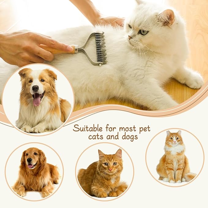 Pet Dematting Comb for Dogs,Cats.Pet Undercoat Rake with Stainless Steel Blades for Knot Removal and Shedding Control.Cat Brush for Shedding Dematting with Wood Handle.
