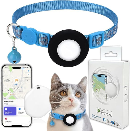 GPS Tracker for Cats, Mini GPS Pet Tracker with Collar, IPX8 Waterproof Cat Tracker Collar,No Monthly Fee,Work with Apple Find My(iOS Only),Smart Tracker for Pets(Blue)