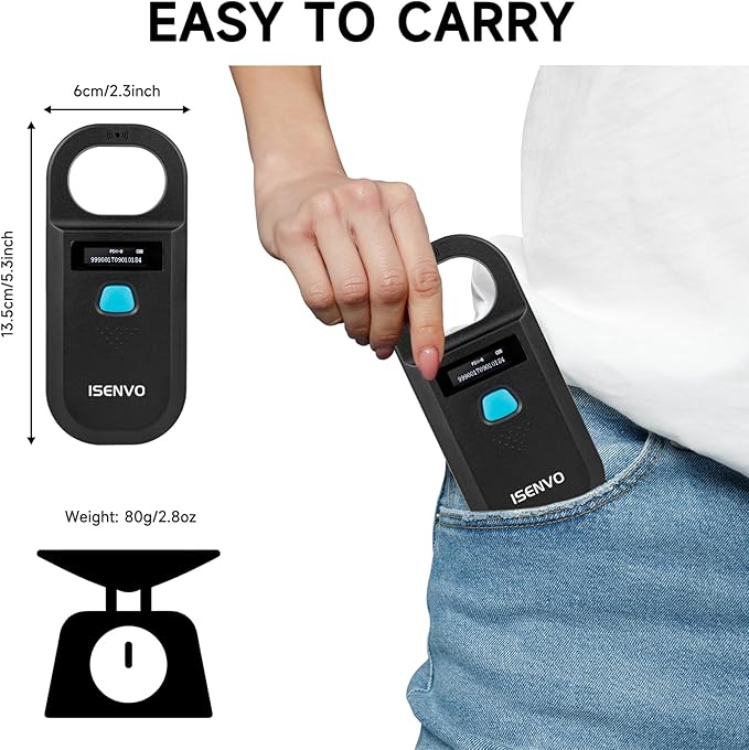 Pet Microchip Scanner Rechargeable RFID EMID Micro Chip Reader Scanner 134.2kHz 125kHz 15 Digits Pet Chip ID Scanner for Animal/Pets/Pigs/Dogs/Cats (190A)