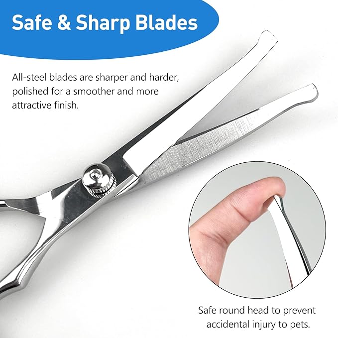 Professional Curved Dog Grooming Scissors with Rounded Tips, Cat Shears, 4CR Stainless Steel Curved Blades, Pet Home Grooming Tools