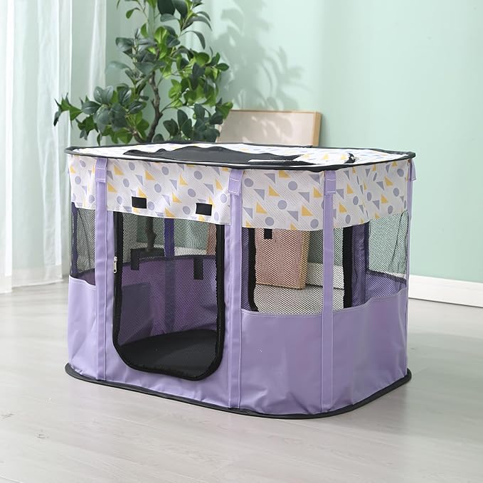 Foldable Pet Playpen, Puppy Play Pen for Indoors Foldable Indoor Enclosure with Carry Bag (Large, Purple)