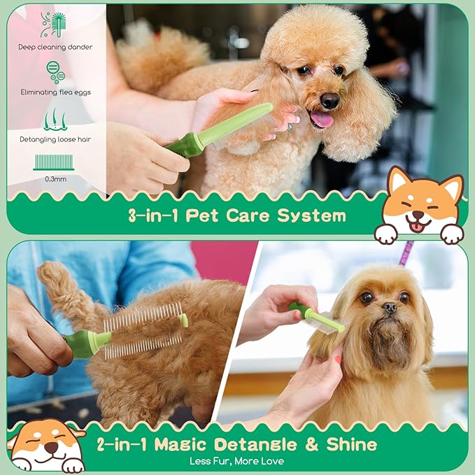 Nobleza 6PCS Dog Grooming Kit, Self-Cleaning Slicker Brush with Massage Tips, Dematting Comb for Shedding and Tangles, Ergonomic Bath Brush, Adjustable Handle, Safe for Dog Cat Puppy, Green