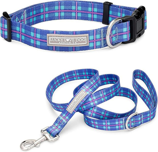 Lucky Love Dog, Blue and Violet Plaid Dog Collar and Leash Set, Adjustable & Comfy Combo Set for Boy and Girl Dogs - (Large, Scotty Combo)