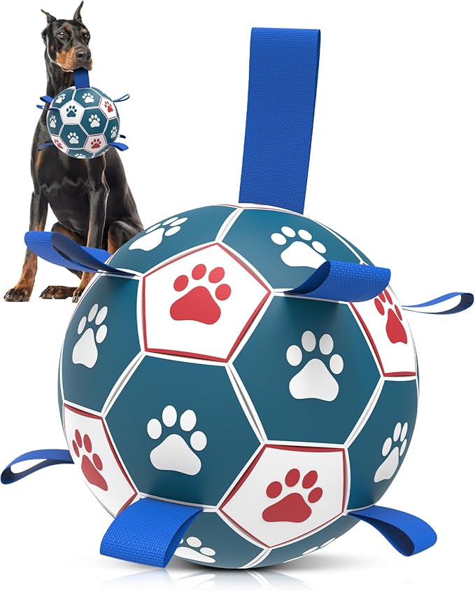 QDAN Dog Toys Soccer Ball with Straps - Durable Dog Balls for Giant Extra Large Dogs, Outdoor Dog Toys, Dog Water Toy, Herding Ball, Dog Birthday Gifts (10 Inch)