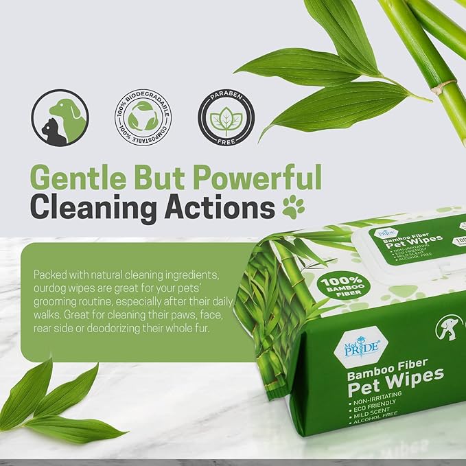 MED PRIDE Dog Wipes for Paws and Butt, Bamboo Fiber Cleaning Wipes with Aloe Vera & Vitamin E, Biodegradable, Hypoallergenic, XL 8 X 8 Inches, Pack of 100
