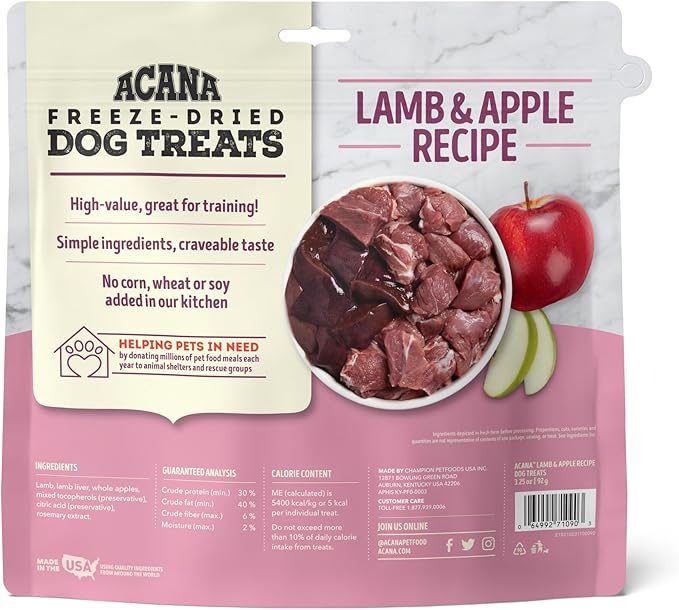 Singles Freeze Dried Dog Treats, Limited Ingredient Grain Free Lamb & Apple Recipe, 3.25oz