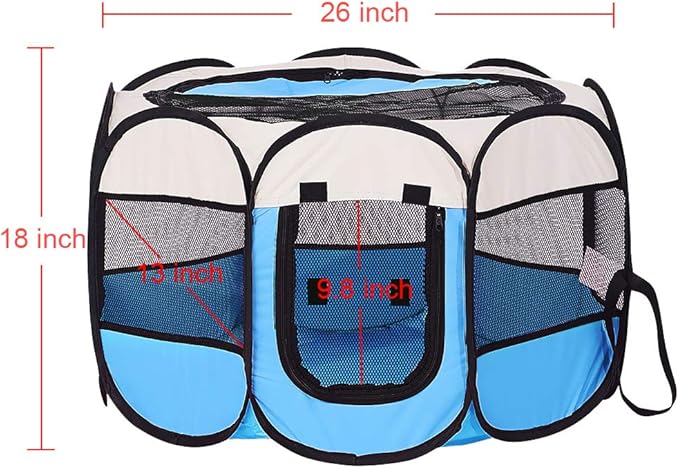 Foldable Pet Dog Playpen, Pop Up Portable Cat Playpen, Indoor/Outdoor for Kitten Puppy Play Pen, Cats Crate Cage Tent with Carrying Bag, 600D Oxford (Sky Blue + Beige, Small (26"x26"x18"), 8)