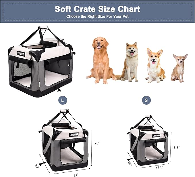 JESPET Soft Dog Crates Kennel for Pets, 3 Door Soft Sided Folding Travel Pet Carrier with Straps and Fleece Mat for Dogs, Cats(7-Light Grey, Large(30" L x 21" W x 23" H))