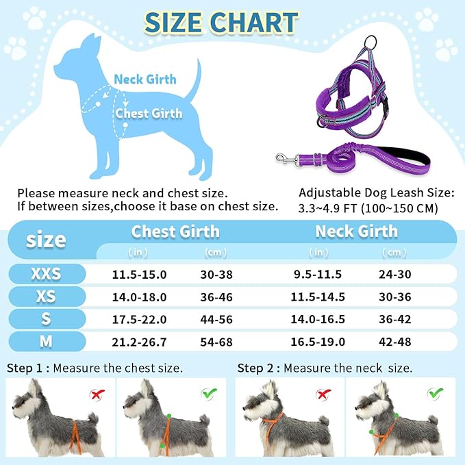 SlowTon No Pull Small Dog Harness and Leash Set, Puppy Soft Vest Harness Neck & Chest Adjustable, Reflective Lightweight Harness & Anti-Twist Pet Lead Combo for Small Medium Dogs (PU-Front Clip, XXS)