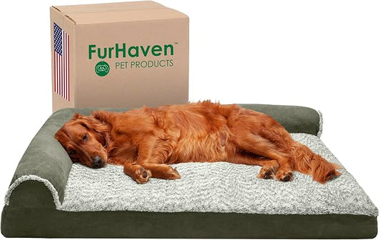 Furhaven Memory Foam Dog Bed for Large Dogs w/ Removable Bolsters & Washable Cover, For Dogs Up to 95 lbs - Two-Tone Plush Faux Fur & Suede L Shaped Chaise - Dark Sage, Jumbo/XL