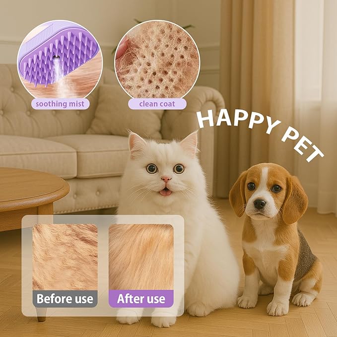 Pet Steam Brush for Dog Cat, 3-in-1 Cat Steam Brush for Shedding Grooming/Massage/Cleaning, Static-Free Deshedding Comb with Nano Spray, 360° Rotating Handle, Rubber Teeth & Portable Design (White)