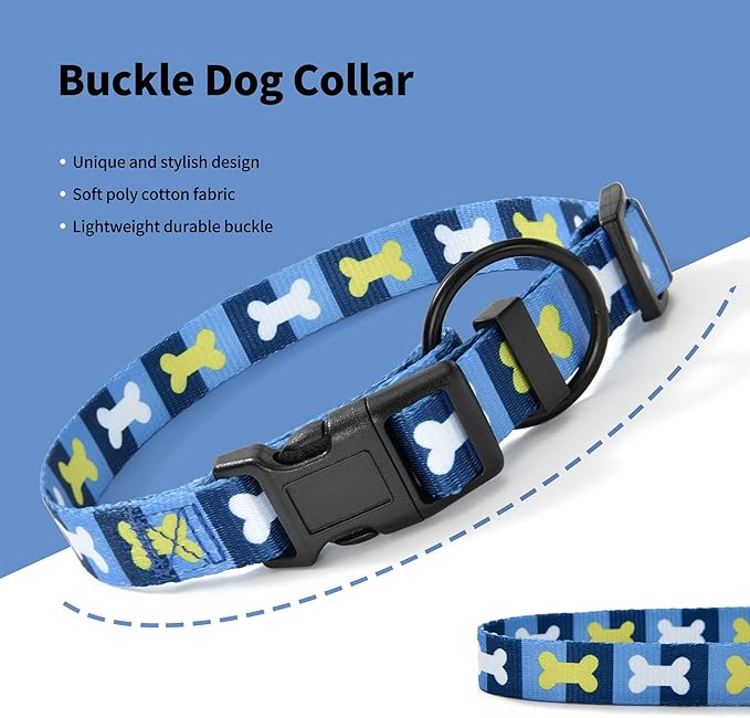 Mile High Life Dog Collar | Nylon Puppy Collars w Cute Patterns | Lightweight Girl Dog Collar | Boy Dog Collar for Small/Medium/Large Dogs (Blue Bone, Medium)