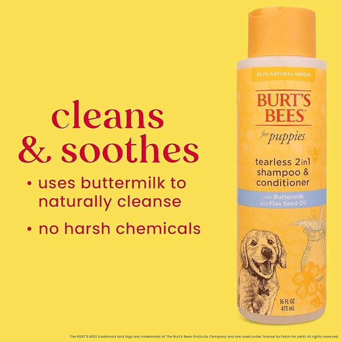 Burt's Bees for Pets Tearless Puppy 2-in-1 Shampoo and Conditioner with Buttermilk and Linseed Oil, 2pk, 95% Natural Origin Formulas, Best Gentle Shampoo for Puppies - Tear Free, 16 oz - 6 Pack