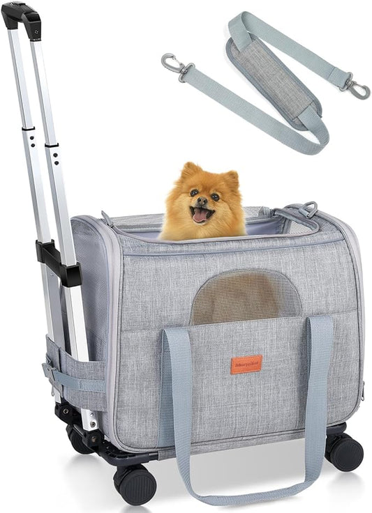 Morpilot Dog Carrier with Wheels Pet Carrier Airline Approved, Cat Carrier with Wheels Large for 2 Cats, Rolling Puppy Stroller Detachable and Foldable Pet Travel Bag Gray