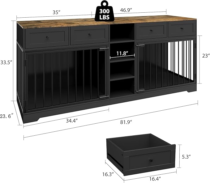 IDEALHOUSE 82” Large Dog Crate for 2 Dogs, Dog Kennel Indoor with 4 Drawers and Shelves, Double Dog Crate Furniture TV Stand, Wooden Dog Cage for Medium Large Dogs, Black