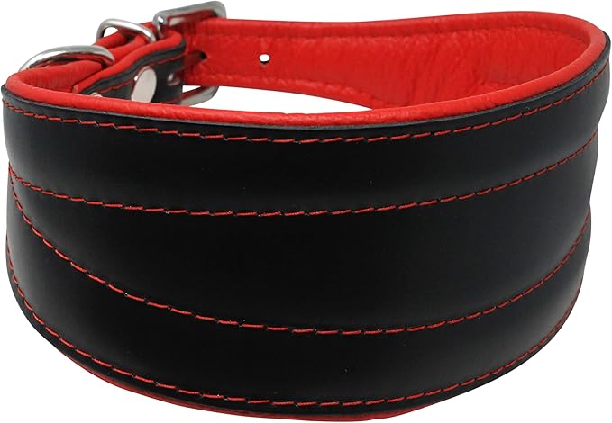 Real Leather Extra Wide Padded Tapered Dog Collar Glossy Black Greyhound Saluki Deerhound Lurcher Whippet Dachshund (16.25"-18.75" Neck; 3" Wide, Red)