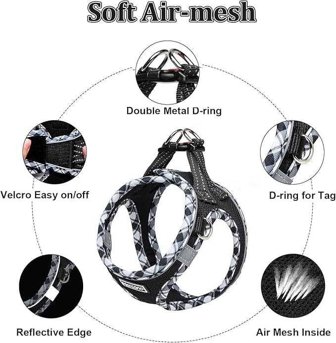 Mercano Soft Mesh Dog Harness and Leash Set, No-Chock Step-in Reflective Breathable Lightweight Easy Walk Escape Proof Vest Harnesses with Safety Buckle for Small Medium Dogs, Cats (Black White, XXS)