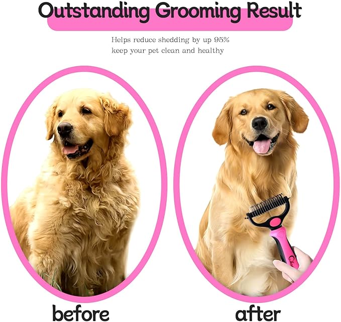Pet Grooming Brush and Metal Comb Double Sided Long Hair Pet Undercoat Cleaner Brush for Dogs and Cats Removes mats and lint Effectively removes carpet shedding or flyaway hair.(Pink)…
