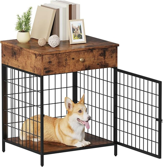 Dog Crate Furniture, Wooden Dog Crate End Table,Dog Kennel with Drawer Indoor, Furniture Dog Crate Side Table for Small Dogs