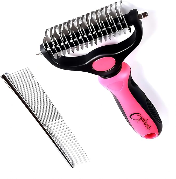 Pet Grooming Brush and Metal Comb Double Sided Long Hair Pet Undercoat Cleaner Brush for Dogs and Cats Removes mats and lint Effectively removes carpet shedding or flyaway hair.(Pink)…