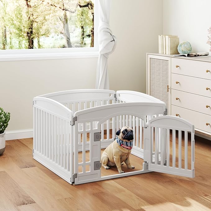 Plastic Dog Playpen | 4-Panel 24" Safe & Secure Indoor/Outdoor Pet Fence | Folding & Portable | Ideal for Small Dogs | Easy to Clean (White)
