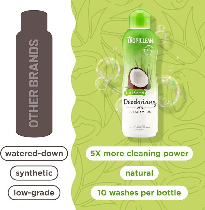 TropiClean Deodorizing Dog Shampoo for Smelly Dogs, Powerful Odor Control, Puppy Safe, Made in the USA, Aloe & Coconut Scent, Cat Friendly, 20oz.
