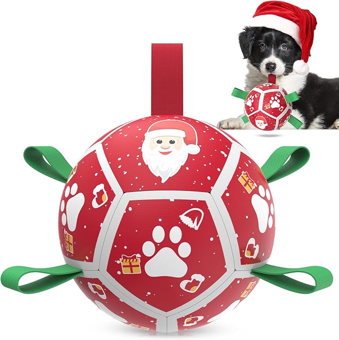 QDAN Christmas Dog Toys Soccer Ball with Straps, Outdoor Interactive Dog Toys for Tug of War, Puppy Birthday Gifts, Dog Tug Toy, Dog Water Toy, Durable Dog Balls for Small Dogs(5 Inch)