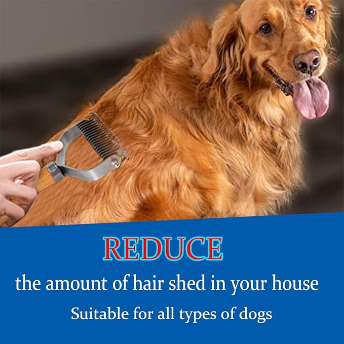 Pet Hair Brush with Wood Handle and a Small Comb for Dogs and Cats, TOMARK 2 Sided Detangler Brush Tool For Cutting Removing Mat, Knots, Tangles & Matted Hair, 17-Blade Deshedding Brush for Groomers, Pet Owners