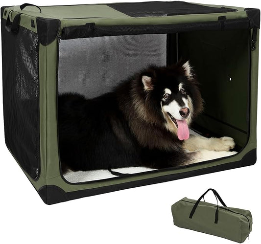 Pettycare Portable Travel Dog Crate 4-Door Soft Sided 42 Inch Collapsible Dog Crate with Curtains Durable Mesh Foldable Pet Kennel Soft Crates for Large Dogs Indoor & Outdoor Olive Green