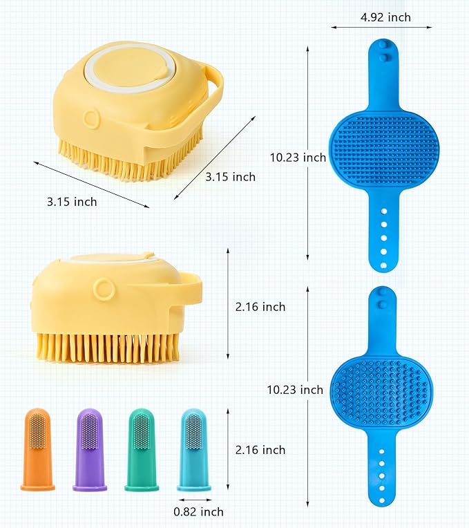 4PCS Dog Bath Brush – Soft Silicone Pet Grooming & Shampoo Scrubber for Dogs and Cats, Massage Brush for Bathing & Cleaning (Yellow & Blue)