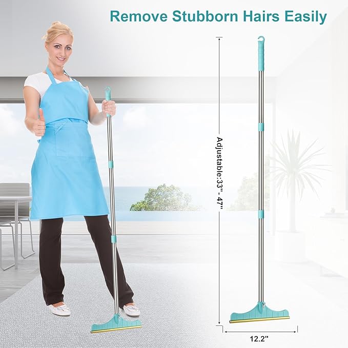 Stainless Steel Carpet Rake for Pet Hair Removal, Reusable Cat Dog Hair Remover with 47’’ Adjustable Long Handle Advanced Lint Remover Scraper for Carpets, Rugs, Mats, Furniture (Blue)