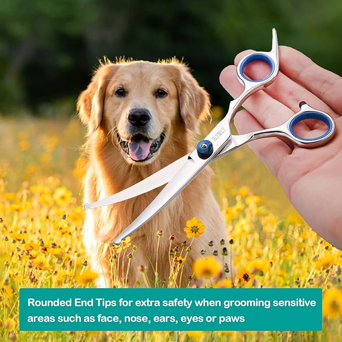 Dog Grooming Scissors Set with Safety Round Tip (2 Pack - Curved Scissors Thinning Shears for Pets) Blue