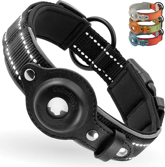 CollarDirect Airtag Dog Collar Reflective Nylon Neoprene Leather Holder for Apple Air Tag for Large, Medium, and Small Dogs (Black, M, 13.5-16.5 Inch)