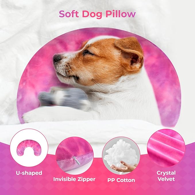 Dog Pillow, U-Shaped Dog Calming Pillow for Pet, Soft Dog Neck Pillow Machine Washable Dog Bed Pillow for Dog and Cat Enhance Sleep Quality(Tie-dye Rose Purple, Large)