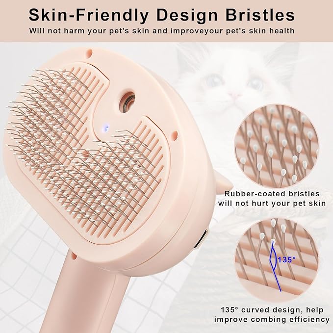 Pet Steam Hair Comb Brush for Shedding, 4 In 1 Spray Brush for Long & Short Haired Cat&Dog, Self-Cleaning Hair Remover with Water Tank And LED Blue Light, Release Button(Pink)