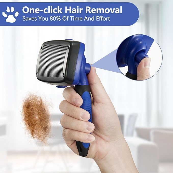 Self-Cleaning Slicker Brush for Pets - Removes Loose Hair, Cat and Dog Grooming Tool (Large, Blue)