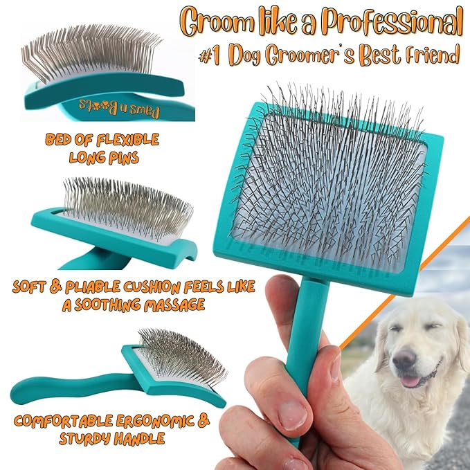 Pro-Slicker Brush Grooming Tool for Pets: Medium Teal, Soft Cushion Bed of Dull Pins, Gentle but Effective. Easily and Painlessly Remove Thick Undercoat. Reduce Brushing Sessions, Groom like a Pro