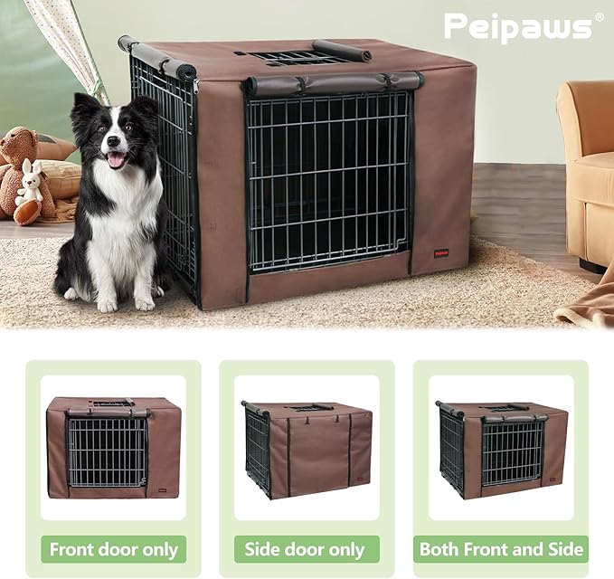 Dog Crate Cover 42 Inch - Waterproof Kennel Cover with Top Window, 600D Oxford Fabric Dog Cage Cover Fit for Most Double Door Wire Crate, Unique Drinking Hole Design, Brown (Cover Only)