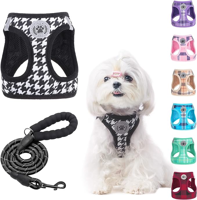 BEAUTYZOO Small Dog Harness and Leash Set,Step in No Chock No Pull Soft Mesh Dog Harnesses Reflective for Extra-Small/Small Medium Puppy Dogs and Cats, Plaid Dog Vest Harness for XS S Pets, Black S