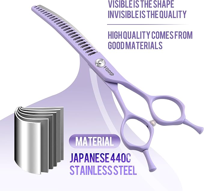 Curved Chunkers Dog Grooming Scissors 7.5" Macarone Series Professional Pet Grooming Shears for Large Dogs Pets Japan 440C Stainless Steel Sharp & Durable(Purple, 30Teeth Curved Thinners)