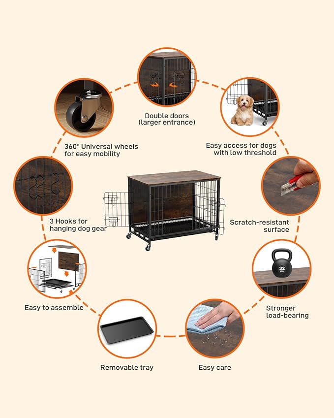 Dog Crate Furniture with Cushion, Dog Kennel Indoor with Wheels, Dog Crate End Table with Tray, 27.2" Dog Cage with Double Doors for Small Dog (Rustic Brown)