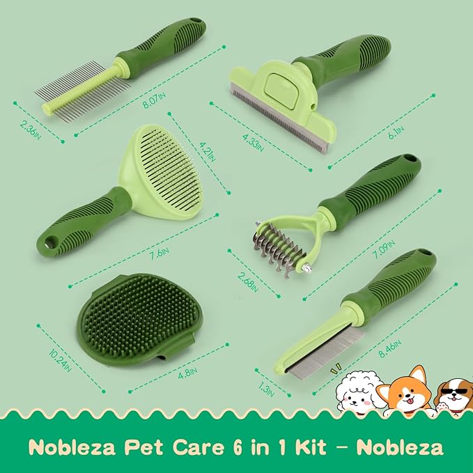 Nobleza 6PCS Dog Grooming Kit, Self-Cleaning Slicker Brush with Massage Tips, Dematting Comb for Shedding and Tangles, Ergonomic Bath Brush, Adjustable Handle, Safe for Dog Cat Puppy, Green