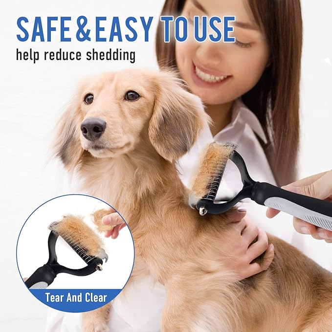 Pet Dematting Tool - Double-Sided Undercoat Rake for Dogs & Cats - Shedding Comb and Dematting Tool for Grooming