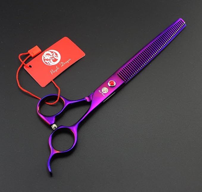 Purple Dragon 8 inch 3 in 1 Professional Pet Grooming Thinning Scissors - Upward Curved Shears and Dog Hair Cutting Scissor - Perfect for Pet Groomer or Family DIY Use (Purple)