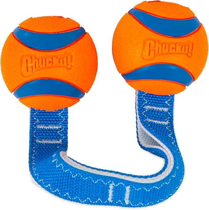 Chuckit! Ultra Duo Tug Dog Toy - Two Ultra Balls on a Durable Nylon Cord Handle - Fetch and Tug-of-War Toy for Dogs - Size Medium - For Breeds 20-60 lbs - 2.5-inch Diameter - Orange and Blue